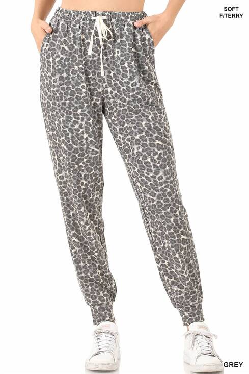 ZENANA Pants - NEW ZENANA french terry leopard print joggers in grey